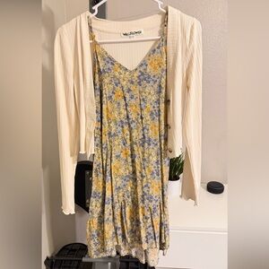 Wallflower Blue and Yellow Floral Midi Dress with Cream Cardigan